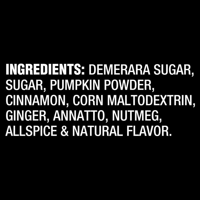 The image shows the ingredient list for a product, including demerara sugar, sugar, pumpkin powder, cinnamon, corn maltodextrin, ginger, annatto, nutmeg, allspice, and natural flavor.