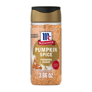 A container of McCormick Pumpkin Spice Finishing Sugar.