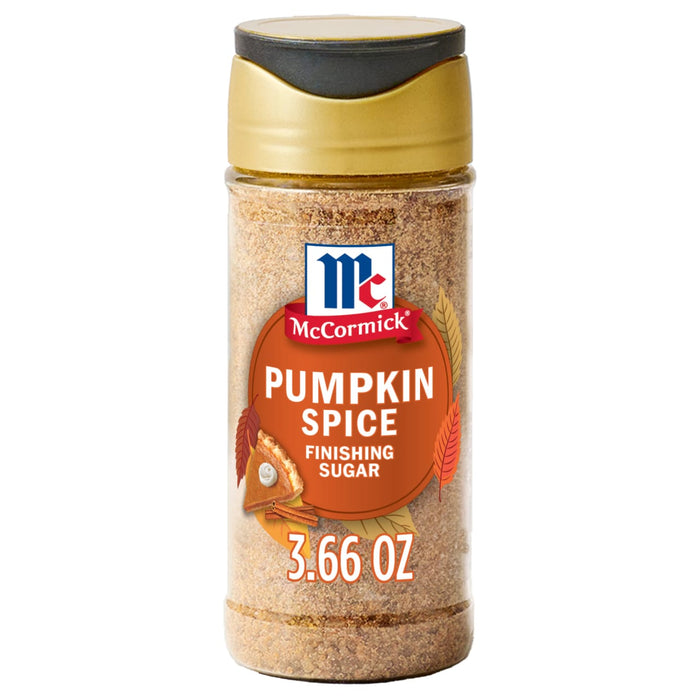 A container of McCormick Pumpkin Spice Finishing Sugar.