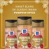 McCormick Pumpkin Spice is featured amidst slices of pumpkin pie and cinnamon sticks, highlighting its sweet blend of warm spices, pumpkin, and vanilla.