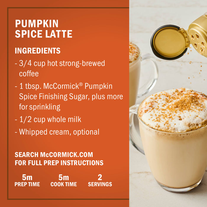 A recipe card for McCormick Pumpkin Spice Latte shows the ingredients and a finished latte in a glass mug.