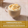 A recipe card for McCormick Pumpkin Spice Latte shows the ingredients and a finished latte in a glass mug.