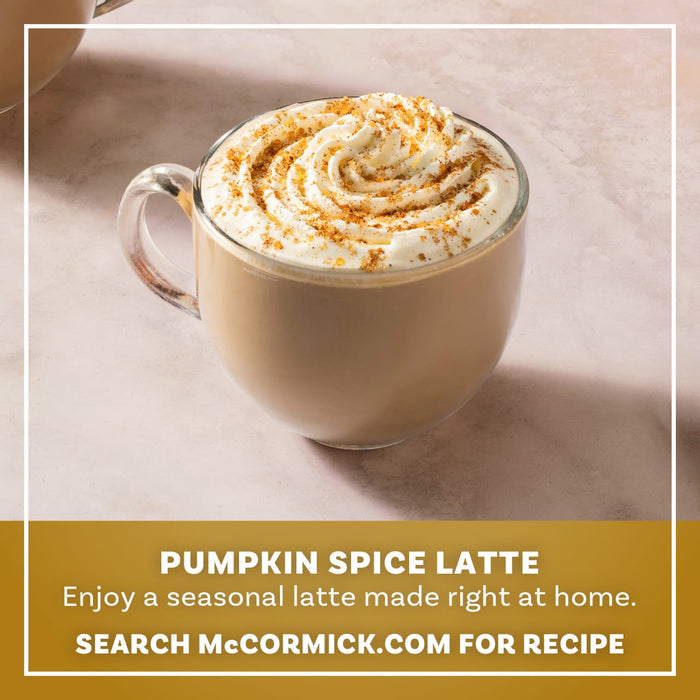 A recipe card for McCormick Pumpkin Spice Latte shows the ingredients and a finished latte in a glass mug.