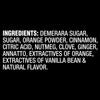 The image shows the ingredient list which includes demerara sugar, sugar, orange powder, cinnamon, citric acid, nutmeg, clove, ginger, annatto, extractives of orange, extractives of vanilla bean and natural flavor.