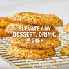 A stack of cookies on a wire rack with text overlay that reads Elevate any dessert, drink, or dish.