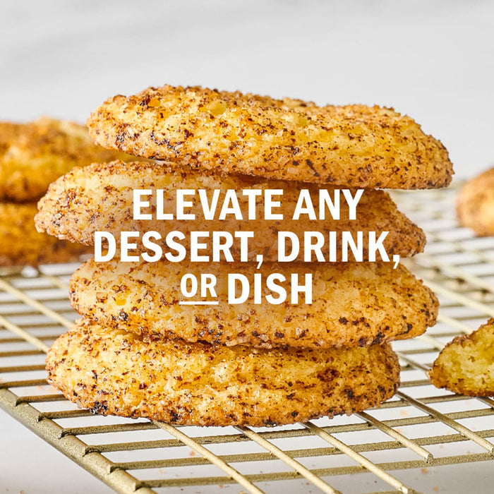 A stack of cookies on a wire rack with text overlay that reads Elevate any dessert, drink, or dish.