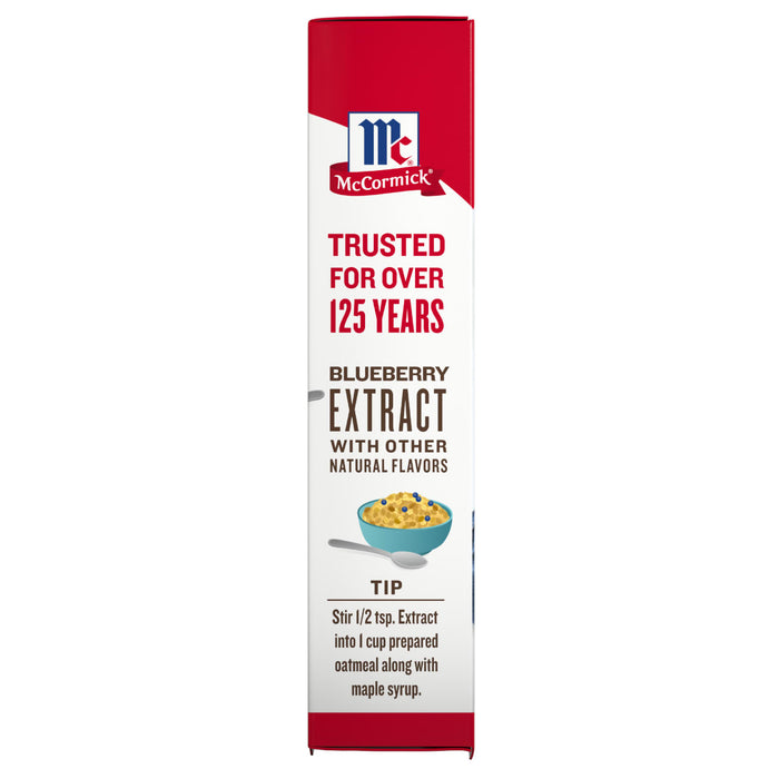 A box of McCormick Blueberry Extract with a tip to stir 1/2 tsp into 1 cup prepared oatmeal along with maple syrup.