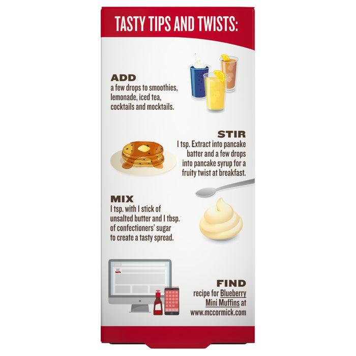 McCormicks tasty tips and twists include adding to smoothies lemonade iced tea cocktails and mocktails stirring into pancake batter and syrup mixing with butter and confectioners sugar for a spread and finding a recipe for blueberry mini muffins at www.mccormick.com.