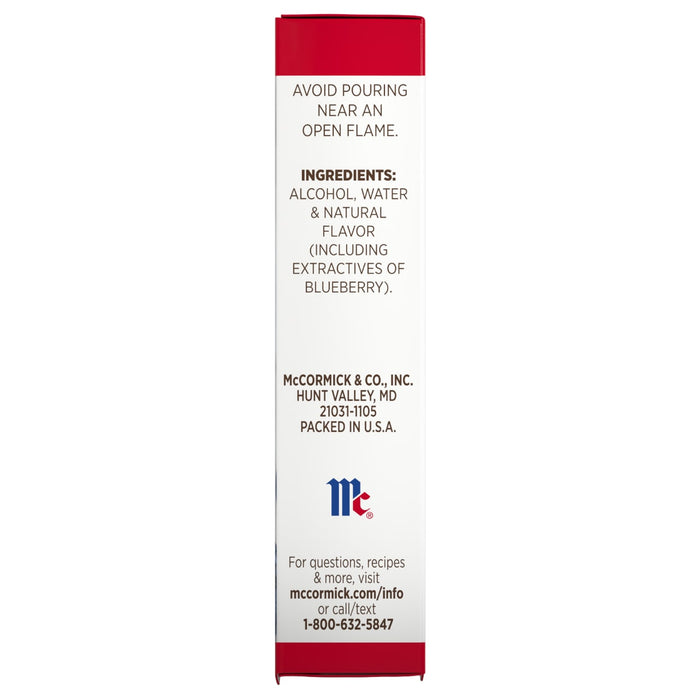 The image shows the side of a McCormick Blueberry Flavor box listing ingredients and contact information.