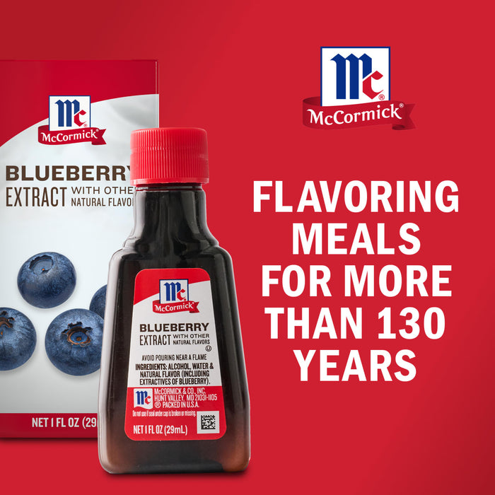 This is an image of McCormick Blueberry Extract advertising that the company has been flavoring meals for more than 130 years.