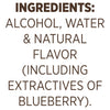 The image lists the ingredients as alcohol water natural flavor (including extractives of blueberry).