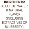 The image lists the ingredients as alcohol water natural flavor (including extractives of blueberry).