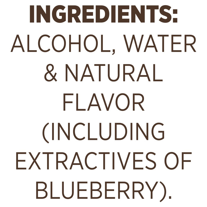The image lists the ingredients as alcohol water natural flavor (including extractives of blueberry).