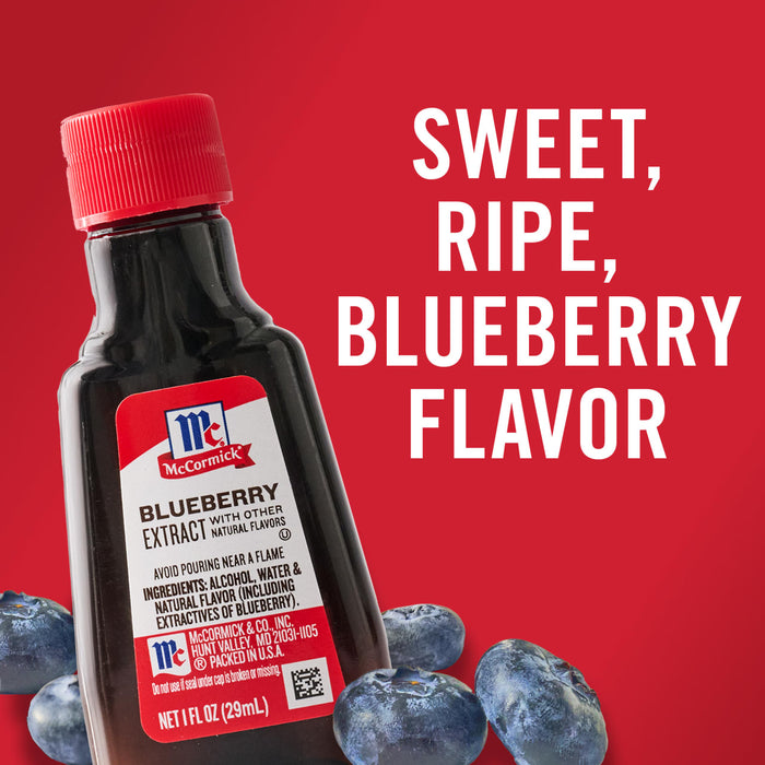 A bottle of McCormick Blueberry Extract is surrounded by fresh blueberries with the text Sweet Ripe Blueberry Flavor displayed prominently.