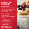 This image shows the recipe for McCormick Blueberry Mini Cheesecakes including the crust and filling ingredients prep and cook time servings and number of ingredients.