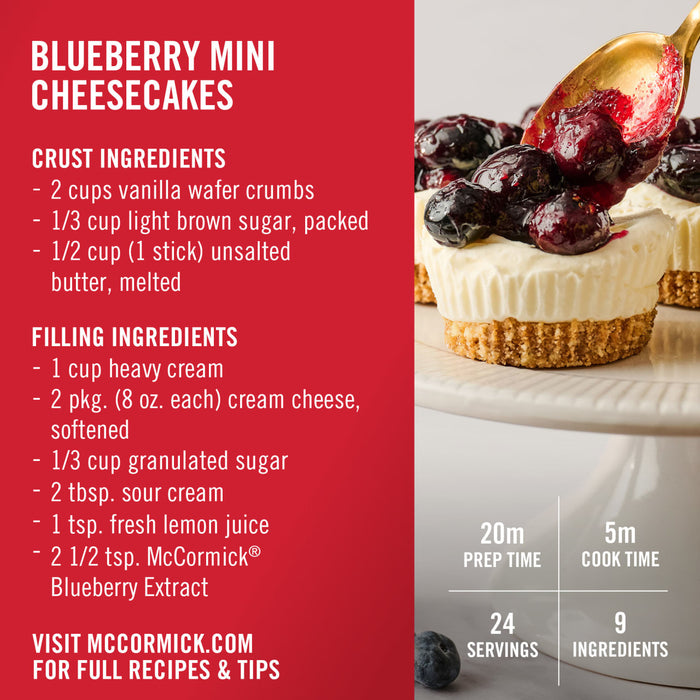 This image shows the recipe for McCormick Blueberry Mini Cheesecakes including the crust and filling ingredients prep and cook time servings and number of ingredients.