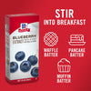 A box of Mccormick Blueberry Extract 1 Fl Oz With Other Natural Flavors is displayed next to text and icons suggesting it be stirred into waffle, pancake, or muffin batter for breakfast.