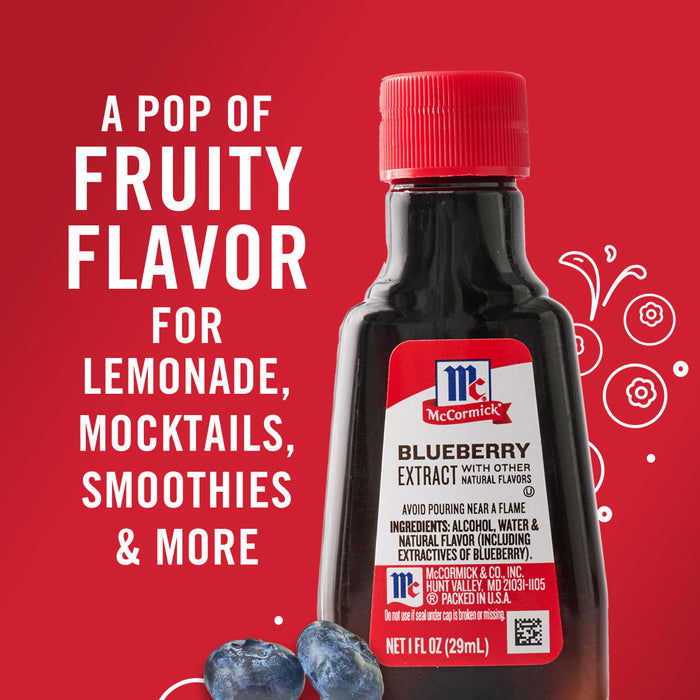 A bottle of McCormick Blueberry Extract is displayed with the text A pop of fruity flavor for lemonade mocktails smoothies &amp; more on a red background.