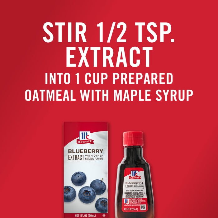 A bottle and box of McCormick Blueberry Extract are displayed with a recipe suggestion to stir 1/2 tsp of the extract into 1 cup of prepared oatmeal with maple syrup.