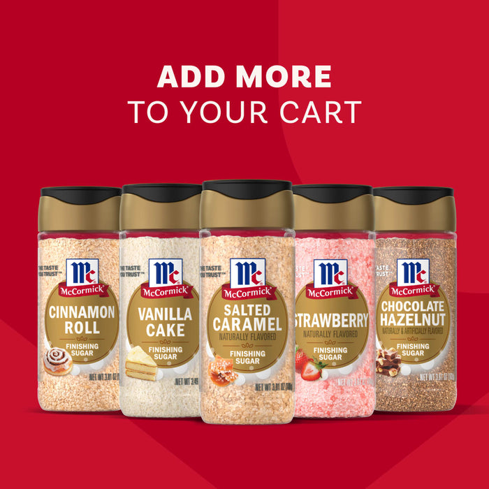 Four McCormick finishing sugars, including Mccormick Salted Caramel Fin Sgr 3.81 Oz, are lined up on a counter, with the text 'TRY ALL 4 FLAVORS' prominently displayed above them.