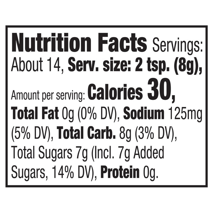 This is a nutrition facts label showing that a serving size of 2 teaspoons (8g) contains 30 calories, 0g of fat, 140mg of sodium, 8g of carbohydrates, 7g of total sugars (including 7g of added sugars), and 0g of protein.