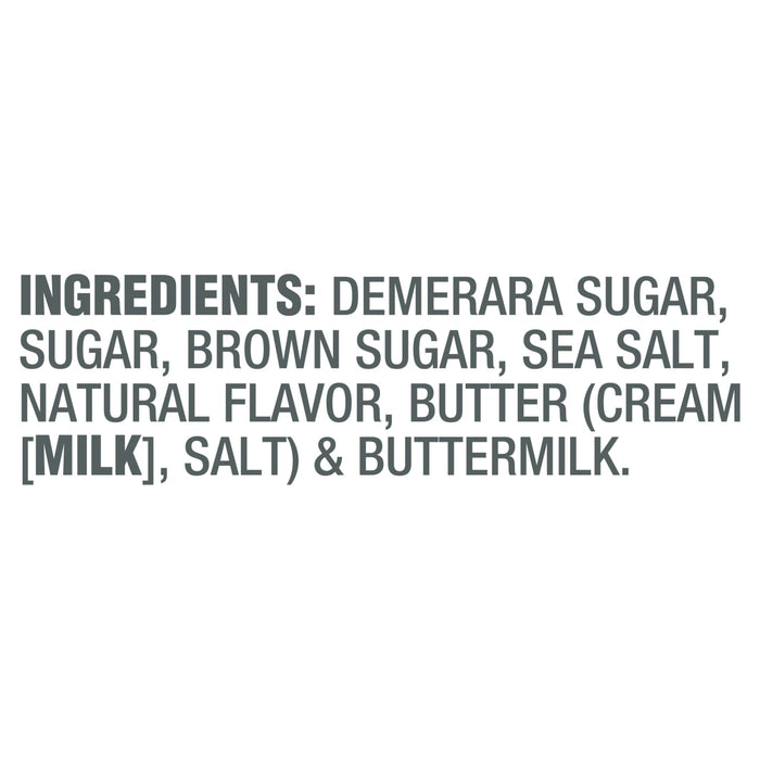 The image shows the ingredient list for a food product, including demerara sugar, sugar, brown sugar, sea salt, natural flavor, butter, and buttermilk.