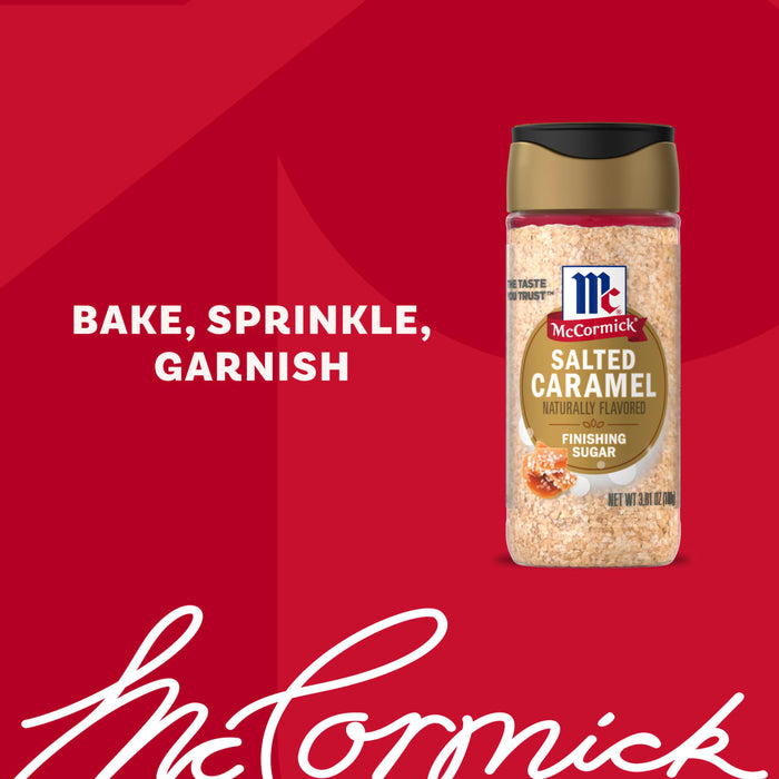 The image displays three bottles of Mccormick Salted Caramel Fin Sgr 3.81 Oz, a limited edition seasonal finishing sugar, against an autumn-themed background with fall leaves.
