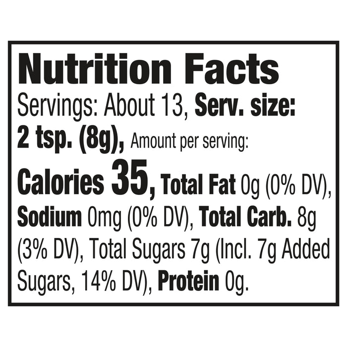 This is a nutrition facts label showing that one serving size of 2 teaspoons (8g) contains 35 calories, 0g of fat, 0mg of sodium, 8g of carbohydrates, 7g of total sugars (including 7g of added sugars), and 0g of protein.