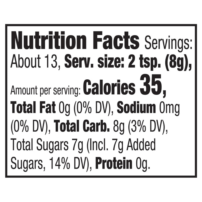 This is a nutrition facts label showing that one serving size of 2 teaspoons (8g) contains 35 calories, 0g of fat, 0mg of sodium, 8g of carbohydrates, 7g of total sugars (including 7g of added sugars), and 0g of protein.