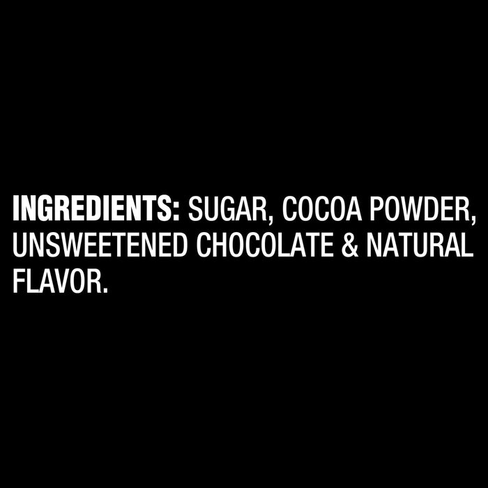 The image displays a list of ingredients: sugar, cocoa powder, unsweetened chocolate, and natural flavor.
