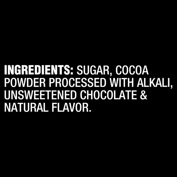 The image displays a list of ingredients: sugar, cocoa powder, unsweetened chocolate, and natural flavor.