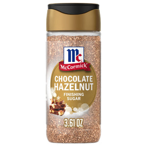A container of McCormick Chocolate Hazelnut Finishing Sugar.