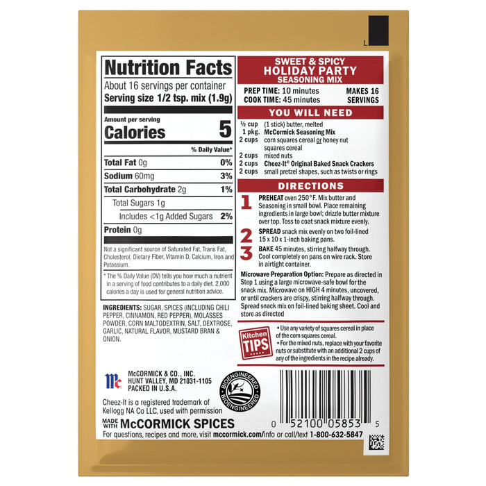 The image shows the nutrition facts and ingredients for a McCormick Perfect Pinch Italian Seasoning recipe mix.