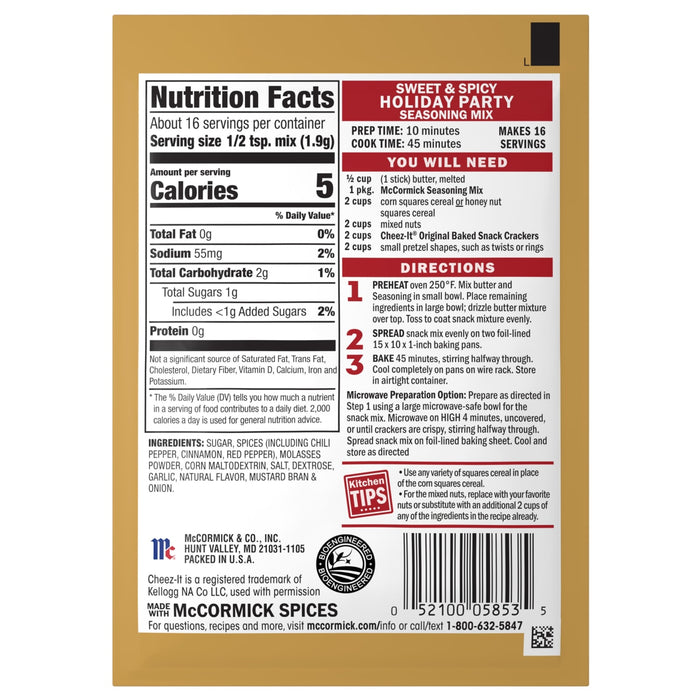 A package of Mccormick Holiday Party Mix 1.12 Oz, displaying nutrition facts, ingredients, and directions for making a sweet and spicy snack mix.