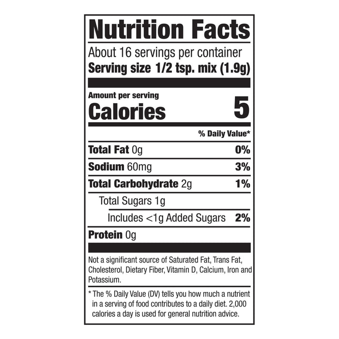 This is a nutrition facts label showing that one-half teaspoon of the mix contains 5 calories, 0 grams of fat, 60 milligrams of sodium, and 1 gram of carbohydrates.