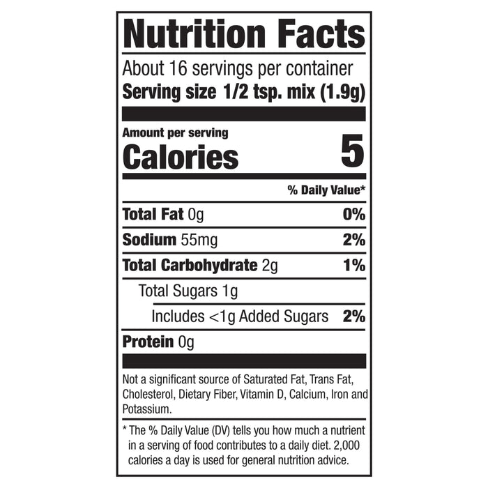 A nutrition facts label for Mccormick Holiday Party Mix 1.12 Oz, showing 5 calories, 0g total fat, 60mg sodium, 2g total carbohydrate, and 0g protein per 1/2 teaspoon serving.
