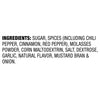 The image shows the ingredient list for a food product, including sugar, spices, chili pepper, cinnamon, red pepper, molasses powder, corn maltodextrin, salt, dextrose, garlic, natural flavor, mustard bran, and onion.