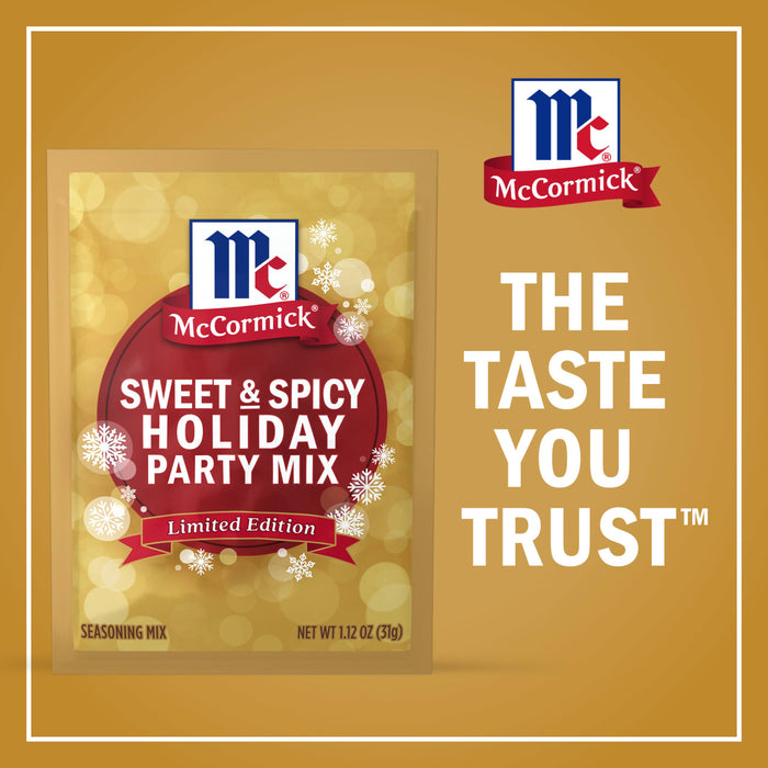 McCormick Sweet &amp; Spicy Holiday Party Mix package, promoting the taste you trust.