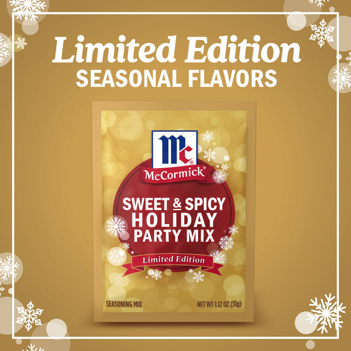 A packet of McCormick Sweet &amp; Spicy Holiday Party Mix, a limited edition seasonal flavor.