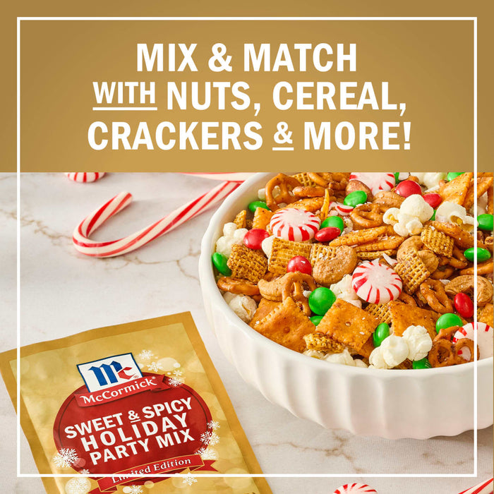 McCormick Sweet &amp; Spicy Holiday Party Mix is shown with a bowl of mixed nuts, cereal, and crackers.