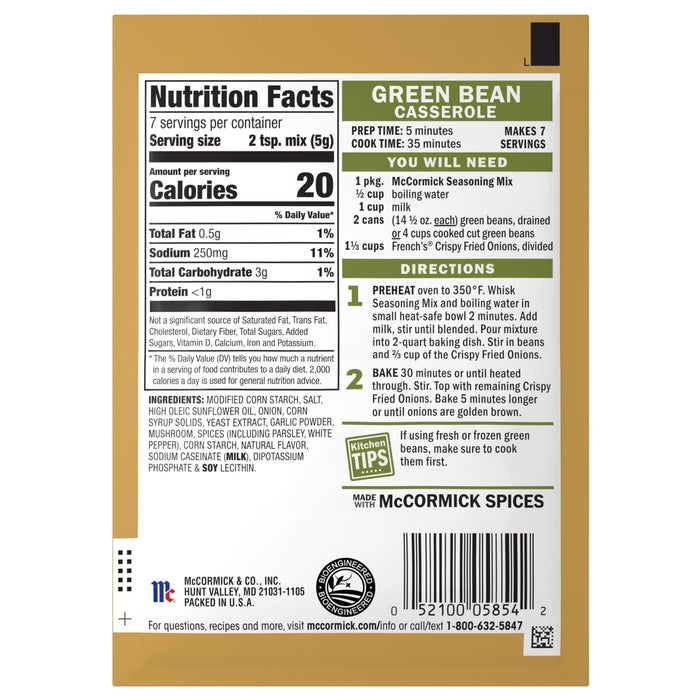 A package of Mccormick Regular Seasoning Mix 1.25 Oz, specifically for Green Bean Casserole, displaying nutrition facts and recipe instructions.