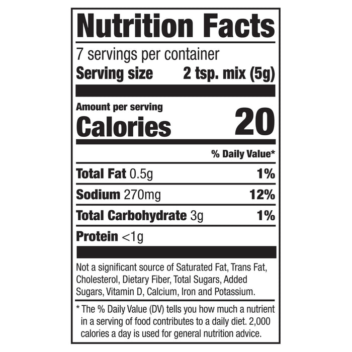 This is a nutrition facts label showing that a serving size of 2 tsp (5g) contains 20 calories, 1% of daily value of total fat, 12% of daily value of sodium, and 1% of daily value of total carbohydrate.
