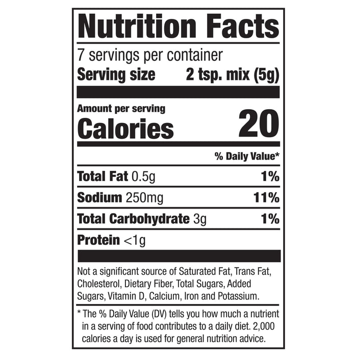 This is a nutrition facts label showing that a serving size of 2 tsp (5g) contains 20 calories, 1% of daily value of total fat, 12% of daily value of sodium, and 1% of daily value of total carbohydrate.