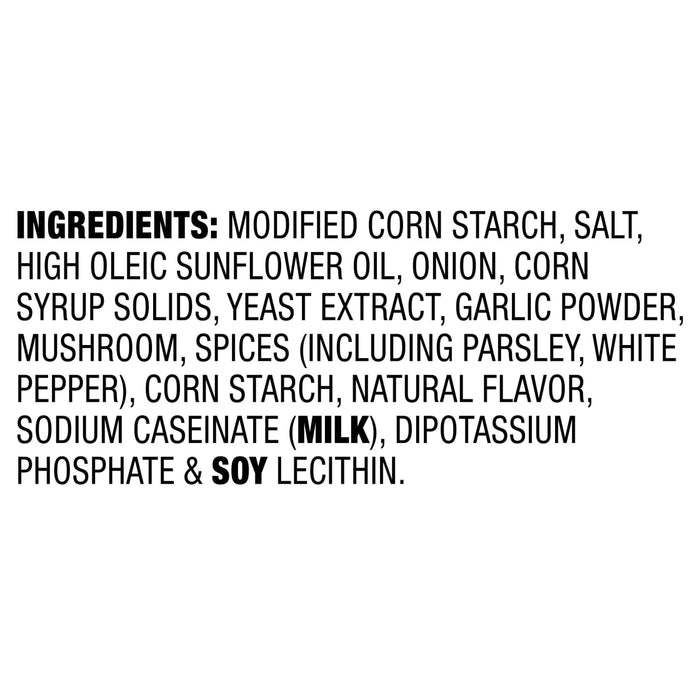 The image shows a list of ingredients including modified cornstarch, salt, high oleic sunflower oil, onion, corn syrup solids, yeast extract, garlic powder, mushroom, spices, corn starch, natural flavor, sodium caseinate, dipotassium phosphate and soy lecithin.