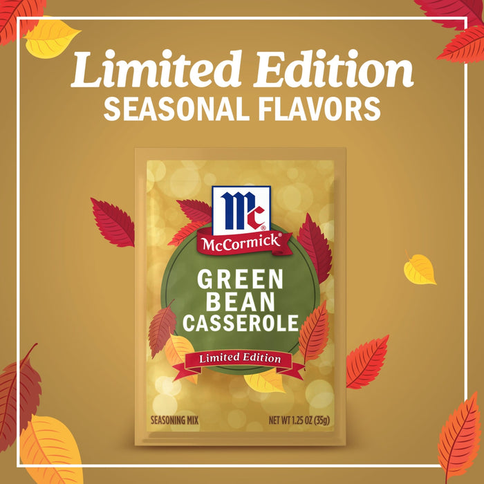 McCormick's Limited Edition Green Bean Casserole seasonal flavor packet is surrounded by fall leaves.