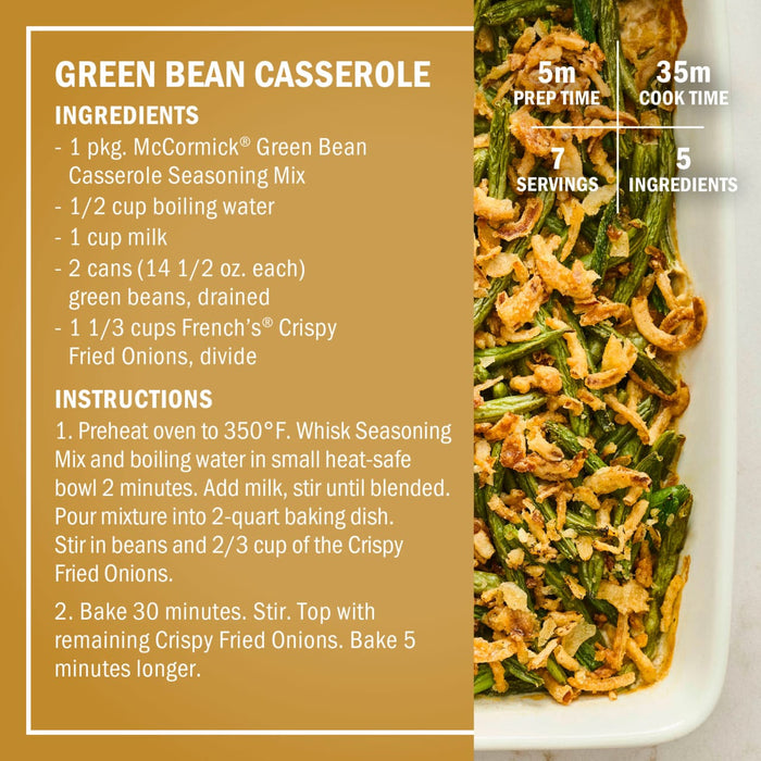 A recipe card for Green Bean Casserole featuring McCormick's Great Bean Casserole Seasoning Mix and French's Crispy Fried Onions, alongside a photo of the finished dish.