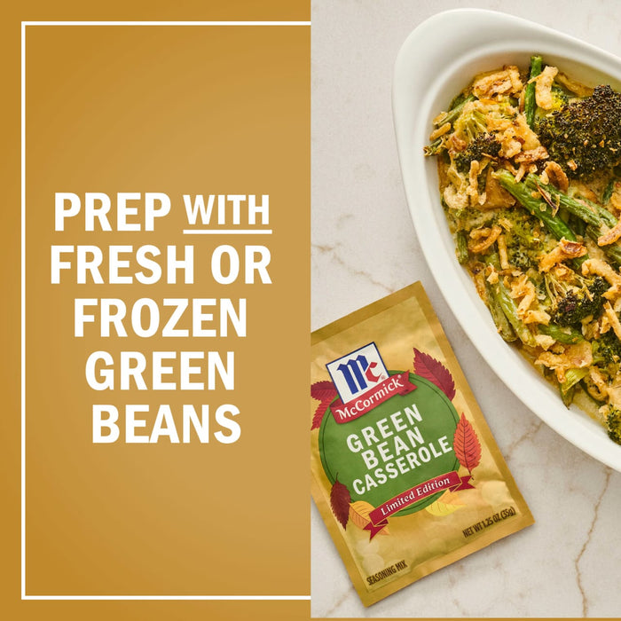 A McCormick Green Bean Casserole seasoning packet is displayed next to a prepared green bean casserole, emphasizing the option to use fresh or frozen green beans in the recipe.