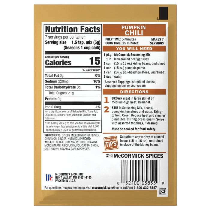 McCormick Chili Seasoning Mix package showing nutrition facts, ingredients, and directions.