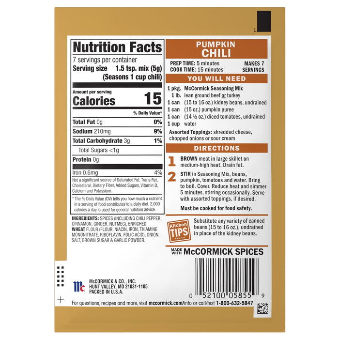 A package of Mccormick Pumpkin Chili 1.25 Oz seasoning mix, featuring nutrition facts, ingredients, and cooking directions.
