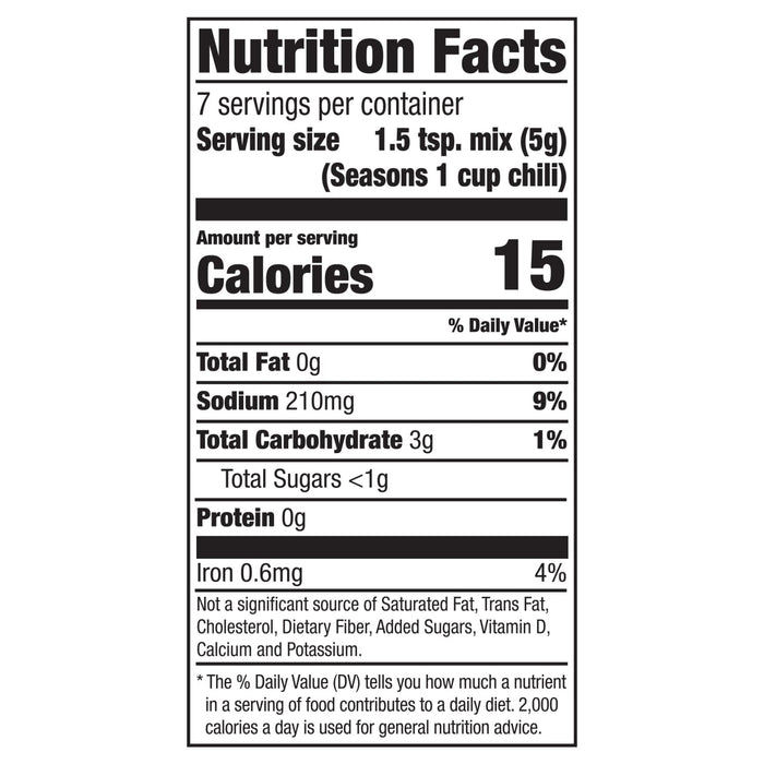 The nutrition facts label for Mccormick Pumpkin Chili 1.25 Oz shows 15 calories, 220mg sodium, and 3g total carbohydrate per 1.5 tsp serving.
